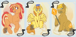 Size: 900x443 | Tagged: safe, artist:bluekite-falls, artist:sky-railroad, imported from derpibooru, oc, oc:deep dish, oc:hoof work, oc:mustard mark, earth pony, pegasus, pony, unicorn, card game, female, hard hat, hat, male, mare, mascot, prance card game, prancing, stallion, trio, whinny city pony con