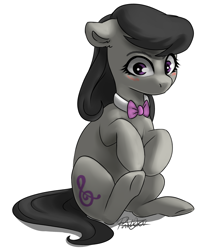 Size: 2905x3415 | Tagged: safe, alternate version, artist:pucksterv, imported from derpibooru, octavia melody, earth pony, pony, blushing, bowtie, cute, ear fluff, female, floppy ears, mare, signature, simple background, sitting, solo, tavibetes, white background