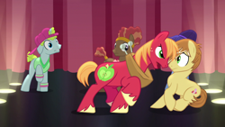 Size: 1280x720 | Tagged: safe, imported from derpibooru, screencap, big macintosh, feather bangs, glamor trot, smooth vibes, stereo mix, earth pony, pony, hard to say anything, afro, angry, backup dancers, backwards ballcap, baseball cap, battle for sugar belle, cap, clothes, confrontation, cutie mark, dancing, death stare, hat, hooves, interrupted, lighting, lightning, male, rivalry, shirt, song, stage, stallion, stare down