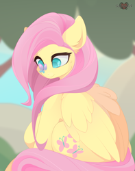 Size: 3000x3800 | Tagged: safe, artist:xsatanielx, imported from derpibooru, fluttershy, butterfly, pegasus, pony, butterfly on nose, cross-eyed, cute, female, high res, insect on nose, looking at something, mare, rcf community, shyabetes, sitting, smiling, solo, wings