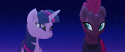 Size: 960x402 | Tagged: safe, imported from derpibooru, screencap, fizzlepop berrytwist, tempest shadow, twilight sparkle, alicorn, my little pony: the movie, beautiful, cute, duo, faic, happy ending, lidded eyes, night, out of context, shipping fuel, smiling, smirk, twiface, twilight sparkle (alicorn)