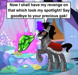 Size: 801x768 | Tagged: safe, edit, edited screencap, imported from derpibooru, screencap, king sombra, pony, unicorn, the beginning of the end, cropped, crystal empire, gak, magic, magic aura, male, pure unfiltered evil, revenge, solo, speech bubble, stallion, telekinesis