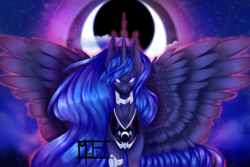 Size: 3000x2000 | Tagged: safe, artist:minelvi, imported from derpibooru, princess luna, alicorn, pony, female, glowing eyes, mare, redraw, solo