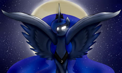 Size: 2048x1232 | Tagged: safe, artist:minelvi, imported from derpibooru, princess luna, alicorn, pony, female, full moon, glowing eyes, jewelry, mare, moon, night, peytral, solo, spread wings, stars, tiara, wings