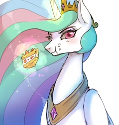 Size: 1319x1378 | Tagged: safe, artist:hosikawa, imported from derpibooru, princess celestia, alicorn, pony, cake, cakelestia, eating, female, food, jewelry, looking at you, magic, mare, regalia, simple background, solo, telekinesis, white background