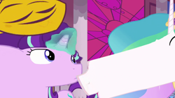 Size: 1920x1080 | Tagged: safe, edit, edited screencap, imported from derpibooru, screencap, princess celestia, starlight glimmer, pony, a royal problem, are you frustrated?, content-aware scale, distortion, meme, not salmon, shitposting, wat