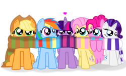 Size: 1024x624 | Tagged: safe, artist:763lilypadpandaowl, imported from derpibooru, applejack, fluttershy, pinkie pie, rainbow dash, rarity, twilight sparkle, alicorn, earth pony, pegasus, pony, unicorn, clothes, cute, dashabetes, diapinkes, heart, hooves, jackabetes, mane six, raribetes, scarf, shared clothing, shared scarf, shyabetes, simple background, sitting, transparent background, twiabetes, twilight sparkle (alicorn)