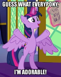 Size: 475x600 | Tagged: safe, edit, edited screencap, imported from derpibooru, screencap, twilight sparkle, alicorn, pony, shadow play, adorable face, bipedal, book, captain obvious, caption, cropped, cute, female, happy, hooves, i'm cute, image macro, magic, mare, meme, no shit sherlock, raised hoof, raised leg, spread wings, standing, telekinesis, text, truth, twiabetes, twilight sparkle (alicorn), underhoof