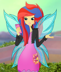 Size: 1889x2234 | Tagged: safe, artist:sparkling-sunset-s08, imported from derpibooru, oc, oc:afterglow sentry, fairy, human, equestria girls, afterglow, clothes, crossover, dress, fairy wings, fairyized, humanized, jacket, magic winx, phone, rainbow s.r.l, sparkly wings, winged humanization, wings, winx club, winxified