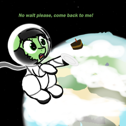 Size: 2000x2000 | Tagged: safe, artist:redcrow32, imported from derpibooru, oc, oc only, oc:filly anon, earth pony, pony, astronaut, cake, dialogue, earth, exclamation point, feels, female, filly, food, helmet, planet, plate, sad, space, spacesuit, stars, text, weightlessness, zero gravity