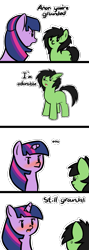 Size: 625x1763 | Tagged: safe, artist:cutelewds, imported from derpibooru, twilight sparkle, oc, oc:filly anon, earth pony, pony, ..., 4koma, adorable face, adoranon, blushing, comic, cute, fail, female, filly, floppy horn, foal, grounded, limp horn, simple background, smiling, transparent background