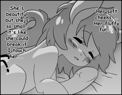 Size: 1625x1265 | Tagged: safe, artist:lockhe4rt, imported from derpibooru, oc, oc only, oc:filly anon, earth pony, pony, ..., bed, blushing, cute, dialogue, female, filly, grayscale, monochrome, ocbetes, sleeping, text