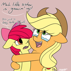 Size: 1000x1000 | Tagged: safe, artist:espeonna, imported from derpibooru, apple bloom, applejack, earth pony, pony, crying, cute, dialogue, female, filly, floppy ears, hug, mare, newbie artist training grounds, one eye closed, open mouth, sibling love, siblings, sisterly love, sisters, tooth gap