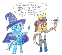 Size: 1640x1462 | Tagged: safe, artist:dth1971, imported from derpibooru, trixie, pony, cape, clothes, crayon drawing, crossover, crown, hat, jewelry, magic wand, regalia, sally acorn, scepter, sonic the hedgehog (series), traditional art, trixie's cape, trixie's hat