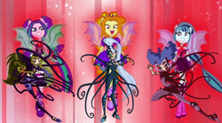 Size: 1280x714 | Tagged: safe, artist:ani80, imported from derpibooru, adagio dazzle, aria blaze, sonata dusk, human, equestria girls, rainbow rocks, boots, clothes, crossover, darcy (winx club), dark sirenix, fin wings, high heel boots, high heels, humanized, icy, jewelry, necklace, pendant, ponied up, rainbow s.r.l, shoes, sirenix, stormy, the dazzlings, the trix, transformation, winged humanization, wings, winx club, witch