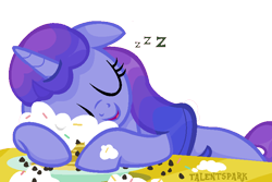 Size: 757x505 | Tagged: safe, artist:talentspark, imported from derpibooru, oc, oc only, oc:amethyst dreams, pony, unicorn, base used, female, food, mare, pancakes, simple background, sleeping, solo, transparent background