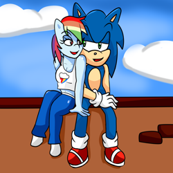 Size: 2000x2000 | Tagged: safe, artist:soul-yagami64, imported from derpibooru, rainbow dash, anthro, clothes, crossover, crossover shipping, female, interspecies, male, shipping, sonic the hedgehog, sonic the hedgehog (series), sonicdash, straight