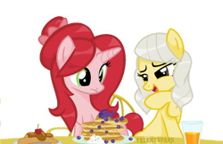 Size: 1024x659 | Tagged: safe, artist:talentspark, imported from derpibooru, oc, oc only, oc:lemon cheesecake, oc:rosevelt, earth pony, pony, unicorn, female, food, mare, pancakes, raised hoof, raised leg, simple background, transparent background