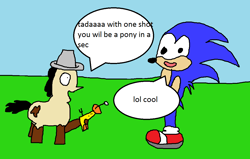 Size: 1100x700 | Tagged: safe, artist:mudlove2, imported from derpibooru, oc, oc:mudlove, 1000 hours in ms paint, crossover, dialogue, ray gun, sonic the hedgehog, sonic the hedgehog (series), speech bubble