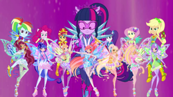 Size: 1280x719 | Tagged: safe, artist:ani80, imported from derpibooru, applejack, fluttershy, pinkie pie, rainbow dash, rarity, sci-twi, sunset shimmer, twilight sparkle, fairy, human, equestria girls, legend of everfree, aisha, bloom (winx club), boots, bracelet, clothes, crossover, crystal guardian, crystal wings, fairies, fairies are magic, fairy wings, flora (winx club), geode of empathy, geode of fauna, geode of shielding, geode of sugar bombs, geode of super speed, geode of super strength, geode of telekinesis, gloves, high heel boots, high heels, humanized, jewelry, layla, magical geodes, musa, necklace, ponied up, rainbow s.r.l, roxy (winx club), shoes, stella (winx club), super ponied up, tecna, transformation, tynix, winged humanization, wings, winx, winx club