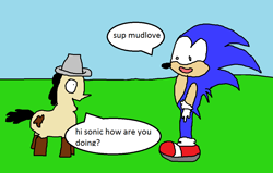 Size: 1100x700 | Tagged: safe, artist:mudlove2, imported from derpibooru, oc, oc:mudlove, 1000 hours in ms paint, crossover, dialogue, sonic the hedgehog, sonic the hedgehog (series), speech bubble