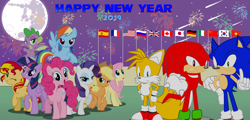 Size: 4631x2218 | Tagged: safe, artist:trungtranhaitrung, imported from derpibooru, applejack, fluttershy, pinkie pie, rainbow dash, rarity, spike, sunset shimmer, twilight sparkle, alicorn, dragon, pony, 2019, crossover, flag, happy new year, holiday, hooves, knuckles the echidna, mane seven, mane six, miles "tails" prower, new year, raised hoof, raised leg, sonic the hedgehog, sonic the hedgehog (series), twilight sparkle (alicorn), winged spike, wings