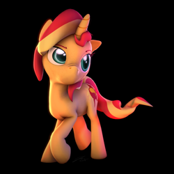 Size: 2160x2160 | Tagged: safe, artist:imafutureguitarhero, imported from derpibooru, sunset shimmer, pony, unicorn, 3d, black background, colored eyebrows, colored eyelashes, female, freckles, high res, hooves, horn, i have no mouth and i must scream, mare, no mouth, peppered bacon, raised eyebrow, raised hoof, signature, simple background, solo, source filmmaker, square