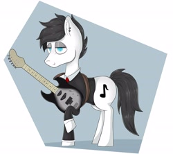 Size: 4978x4425 | Tagged: safe, artist:waffletheheadmare, imported from derpibooru, oc, oc only, oc:joe, absurd resolution, black mane, blue eyes, clothes, cutie mark, ear piercing, earring, electric guitar, guitar, half-closed eyes, jewelry, male, musical instrument, necktie, piercing, short mane, simple background, smiling, stallion, strings, suit, white coat