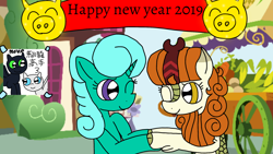 Size: 1920x1080 | Tagged: safe, artist:徐詩珮, imported from derpibooru, autumn blaze, glitter drops, kirin, pig, unicorn, sounds of silence, female, glitterblaze, happy new year, happy new year 2019, holiday, how to train your dragon, how to train your dragon 3, lesbian, mare, movie, shipping