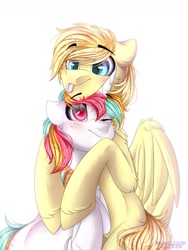 Size: 774x1032 | Tagged: safe, artist:allisonbacker, imported from derpibooru, oc, oc only, oc:aurryhollows, oc:minty crumble, pony, :p, collar, cuddling, cute, male, stallion, tongue out, wings