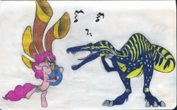 Size: 2454x1531 | Tagged: safe, artist:smcho1014, deleted from derpibooru, imported from derpibooru, pinkie pie, oc, oc:wild sketchy, dinosaur, earth pony, pony, yakity-sax, colored pencil drawing, covering ears, duo, eyes closed, female, jurassic park, jurassic world, mare, musical instrument, open mouth, suchomimus, traditional art, yovidaphone