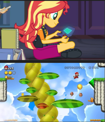 Size: 473x551 | Tagged: safe, edit, edited screencap, imported from derpibooru, screencap, applejack, sunset shimmer, equestria girls, equestria girls series, the finals countdown, gamer sunset, mario, new super mario bros., new super mario bros. u deluxe, nintendo, nintendo switch, sunset gamer, super mario bros.