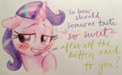 Size: 1280x787 | Tagged: safe, artist:kluzart, imported from derpibooru, starlight glimmer, pony, unicorn, blushing, dialogue, female, lyrics, nervous, solo, text, traditional art