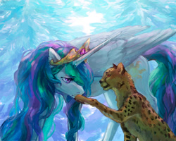 Size: 900x721 | Tagged: safe, artist:lusille, imported from derpibooru, princess celestia, alicorn, cheetah, pony, fanfic:moon rise, fanfic art, female, fluffy, forest, forest background, frown, lidded eyes, looking down, mare, sad, sitting, solo, teary eyes, tree, winter