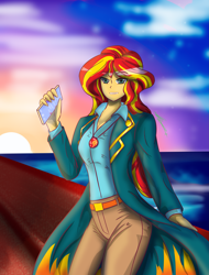 Size: 2669x3508 | Tagged: safe, artist:mantarwolf, imported from derpibooru, sunset shimmer, equestria girls, cellphone, clothes, female, geode of empathy, magical geodes, pants, phone, shirt, smiling, solo, water