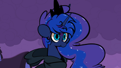 Size: 1280x720 | Tagged: safe, artist:turtlefarminguy, imported from derpibooru, princess luna, alicorn, pony, luna eclipsed, clothes, female, nightmare night, scene interpretation, solo