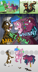 Size: 2000x3800 | Tagged: safe, artist:jackiebloom, imported from derpibooru, oc, oc only, oc:disco inferno, oc:kinyume, oc:zap apple, hybrid, mule, pony, salamander, zony, amputee, blaze (coat marking), braying, coat markings, facial markings, horse noises, interspecies offspring, magical lesbian spawn, offspring, parent:applejack, parent:coloratura, parent:daring do, parent:pinkie pie, parent:zecora, parents:daringcora, parents:rarajack, prosthetic leg, prosthetic limb, prosthetics, six legs, socks (coat marking), socks (coat markings)