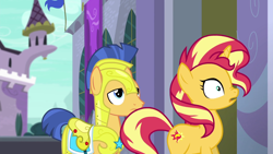 Size: 1920x1080 | Tagged: safe, imported from derpibooru, screencap, flash sentry, sunset shimmer, earth pony, pony, unicorn, equestria girls, equestria girls series, forgotten friendship, cutie mark, female, male, mare, nose wrinkle