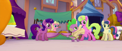Size: 1920x804 | Tagged: safe, imported from derpibooru, screencap, bon bon, daisy, flower wishes, laced hearts, mochaccino, rare find, spike, sweetie drops, alicorn, dragon, earth pony, pony, unicorn, my little pony: the movie, animation error, background pony, canterlot, female, food, friendship festival, jelly, male, mare, pie, race swap, raised hoof, scroll, unicornified, unnamed character, unnamed pony