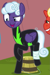 Size: 405x600 | Tagged: safe, imported from derpibooru, screencap, rolling thunder, short fuse, pegasus, pony, the washouts (episode), bandage, bucket, clothes, eye scar, female, folded wings, grin, injured, male, mare, open mouth, scar, smiling, solo focus, stallion, uniform, washouts uniform, wings