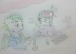 Size: 2889x2041 | Tagged: safe, artist:cloudick, imported from derpibooru, oc, oc:silver sanction, oc:skipper dust, bat pony, bat pony oc, black and white, eeee, food, grayscale, monochrome, skree, sushi, traditional art