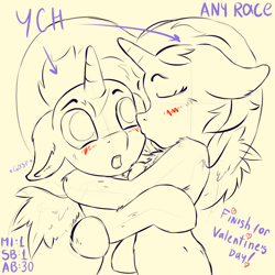 Size: 4000x4000 | Tagged: safe, artist:rainihorn, imported from derpibooru, oc, pony, semi-anthro, advertisement, auction, blushing, commission, couple, fluffy, hearts and hooves day, holiday, kissing, open mouth, sketch, valentine's day, wings, ych example, your character here