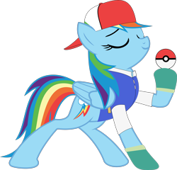 Size: 4998x4805 | Tagged: safe, artist:wissle, imported from derpibooru, rainbow dash, pegasus, pony, 1000 hours in ms paint, absurd resolution, ash ketchum, clothes, cosplay, costume, dash ketchum, eyes closed, female, mare, poké ball, pokéball, pokémon, pokémon trainer, simple background, solo, transparent background