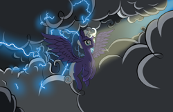 Size: 2400x1558 | Tagged: safe, artist:dualtry, imported from derpibooru, rolling thunder, pony, blank flank, canon, cloud, female, flying, light, solo, storm