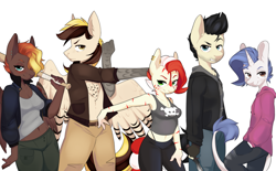 Size: 5979x3697 | Tagged: safe, artist:cookietasticx3, imported from derpibooru, oc, oc only, oc:ebony winds, oc:lancer, oc:silent flight, oc:yodi, oc:zeze, anthro, earth pony, hippogriff, pegasus, unicorn, zebra, anthro oc, armpits, baseball bat, blushing, knife, looking at you, simple background, weapon, white background