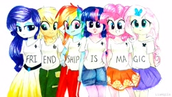 Size: 3729x2098 | Tagged: safe, artist:liaaqila, imported from derpibooru, applejack, fluttershy, pinkie pie, rainbow dash, rarity, twilight sparkle, human, equestria girls, clothes, cute, eye clipping through hair, female, hatless, mane six, miniskirt, missing accessory, open mouth, pants, pleated skirt, shirt, shorts, skirt, smiling, title drop, traditional art