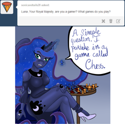 Size: 1280x1272 | Tagged: safe, artist:stubbornstallion, imported from derpibooru, princess luna, anthro, anthroquestria, chess, clothes, crossed legs, dress, female, high heels, leg focus, magic, shoes, side slit, solo, total sideslit