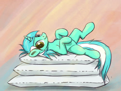Size: 1293x970 | Tagged: safe, artist:el-yeguero, imported from derpibooru, lyra heartstrings, pony, unicorn, cute, female, looking at you, lyrabetes, mare, on back, pillow, simple background, smiling, solo