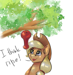 Size: 2961x3041 | Tagged: safe, artist:kittytitikitty, imported from derpibooru, applejack, earth pony, pony, apple, dappled sunlight, engrish, female, food, mare, solo, starry eyes, tree, tree branch, wingding eyes