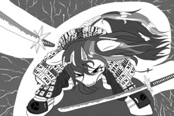 Size: 1023x682 | Tagged: safe, artist:steveskunk, imported from derpibooru, twilight sparkle, alicorn, pony, black and white, grayscale, katana, manga style, monochrome, samurai, sword, weapon